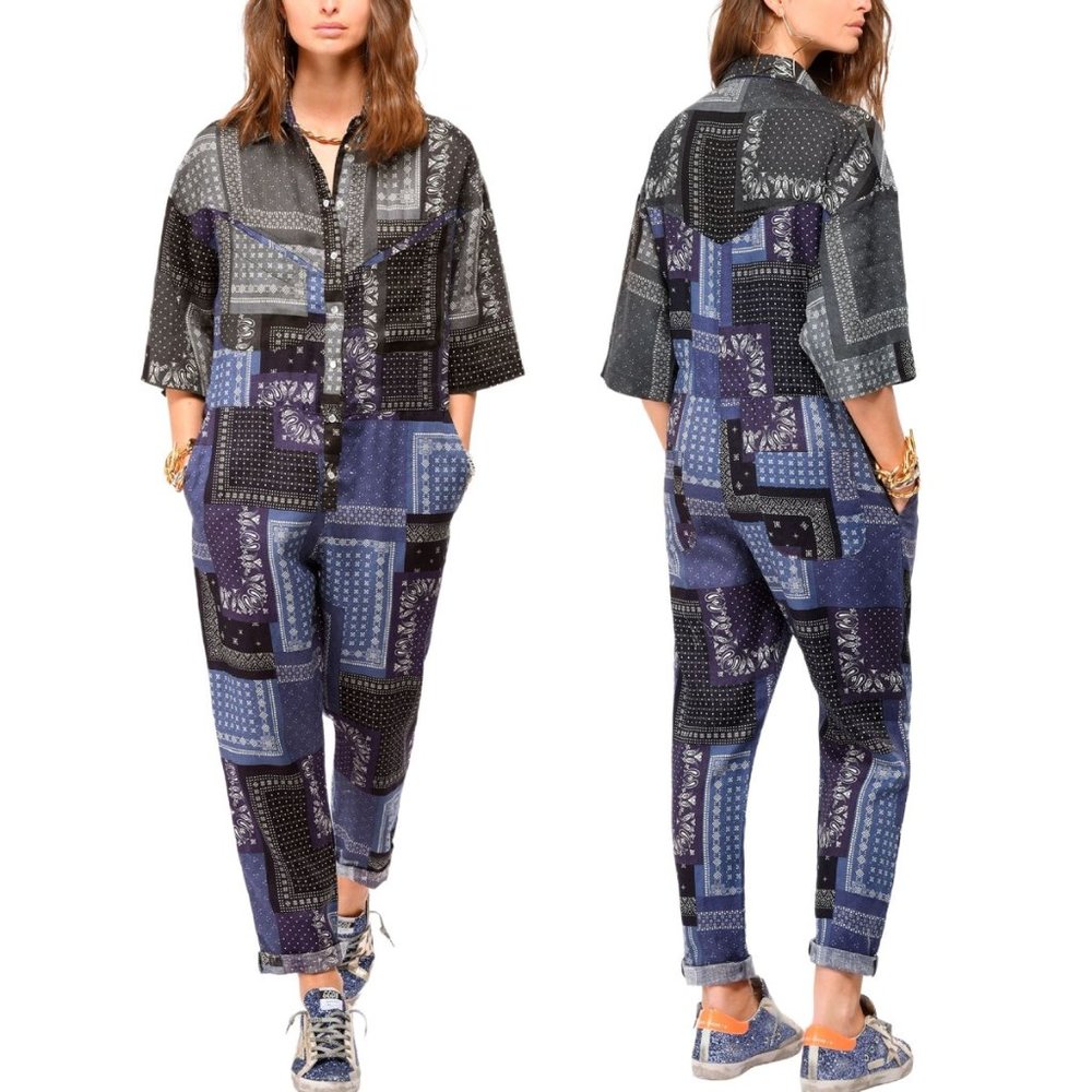 Overlover | Lolina Linen Bandana Indigo Printed Jumpsuit